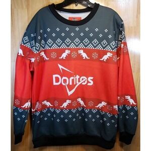 Doritos Ugly Christmas Sweater Mens‎ XL Red Black Dinosaur Fair Isle Sweatshirt